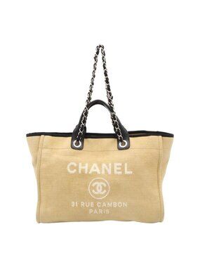 Chanel Deauville Tote GM Logo 2-Way Chain Shoulder Bag Canvas Leather Beige